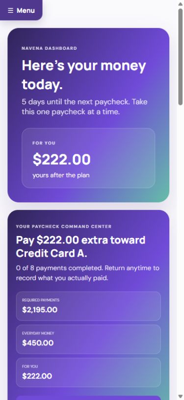 Navena Dashboard showing For You money and the next suggested debt payment.